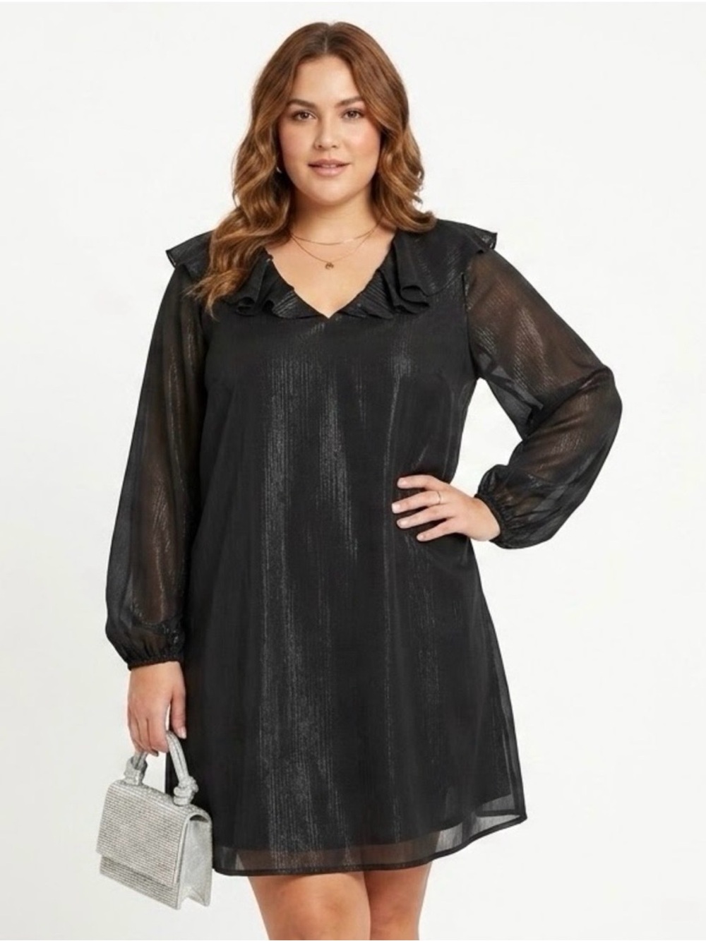 Andree by Unit Black Shimmer Ruffle V-Neck Mini Shift Dress Long Sleeve LBD 1X